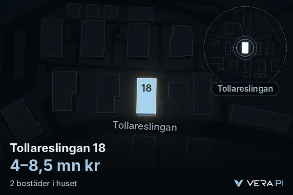 VERA PI:s bild av Tollareslingan 18: huset i 3D, upplyst i blått, och kartan runt omkring