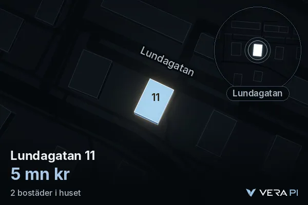 VERA PI's image of Lundagatan 11: the building in 3D, lit in blue, and the map around it