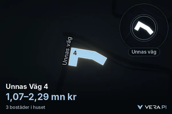 VERA PI:s bild av Unnas Väg 4: huset i 3D, upplyst i blått, och kartan runt omkring