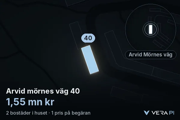 VERA PI:s bild av Arvid mörnes väg 40: huset i 3D, upplyst i blått, och kartan runt omkring