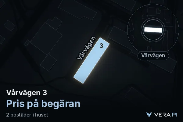 VERA PI's image of Vårvägen 3: the building in 3D, lit in blue, and the map around it