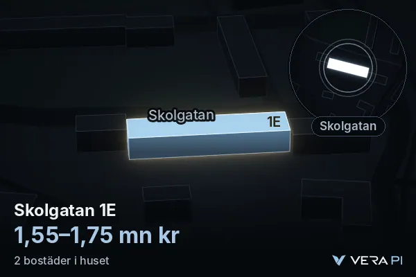 VERA PI's image of Skolgatan 1E: the building in 3D, lit in blue, and the map around it