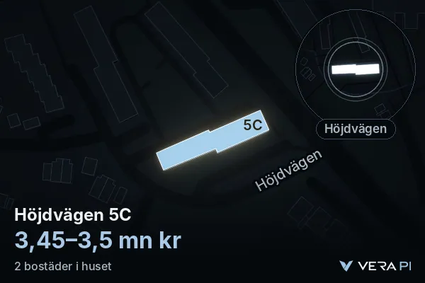 VERA PI:s bild av Höjdvägen 5C: huset i 3D, upplyst i blått, och kartan runt omkring