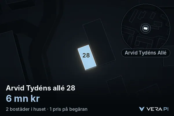 VERA PI's image of Arvid Tydéns allé 28: the building in 3D, lit in blue, and the map around it