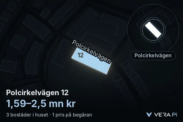 VERA PI:s bild av Polcirkelvägen 12: huset i 3D, upplyst i blått, och kartan runt omkring