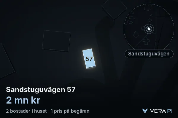 VERA PI's image of Sandstuguvägen 57: the building in 3D, lit in blue, and the map around it