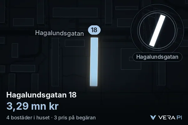 VERA PI's image of Hagalundsgatan 18: the building in 3D, lit in blue, and the map around it