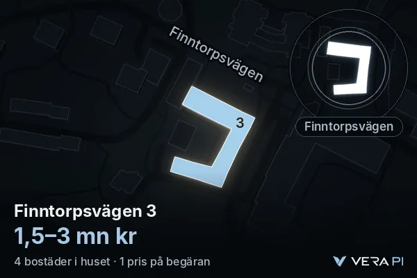 VERA PI:s bild av Finntorpsvägen 3: huset i 3D, upplyst i blått, och kartan runt omkring
