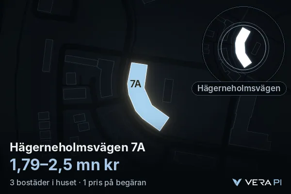 VERA PI:s bild av Hägerneholmsvägen 7A: huset i 3D, upplyst i blått, och kartan runt omkring