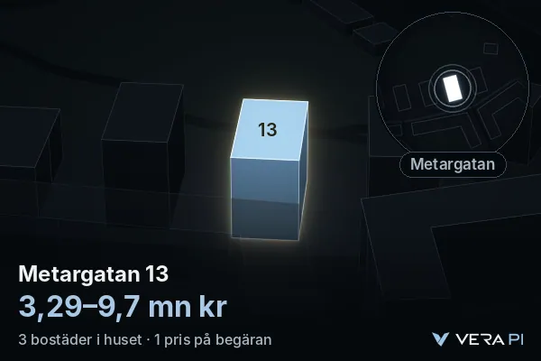 VERA PI's image of Metargatan 13: the building in 3D, lit in blue, and the map around it