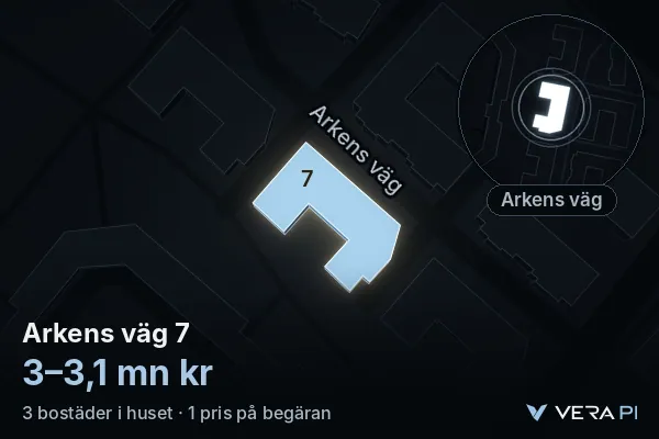 VERA PI:s bild av Arkens väg 7: huset i 3D, upplyst i blått, och kartan runt omkring
