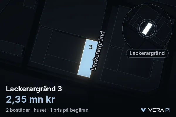 VERA PI's image of Lackerargränd 3: the building in 3D, lit in blue, and the map around it