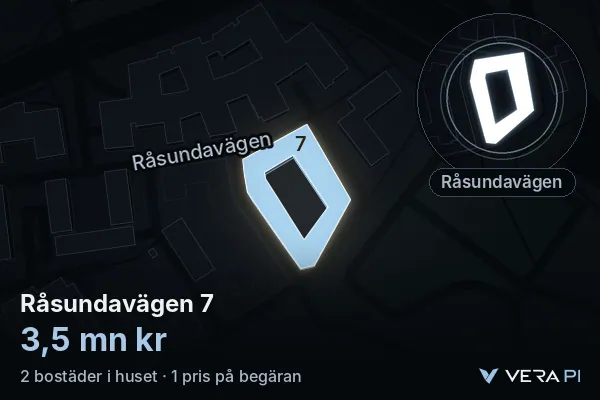 VERA PI's image of Råsundavägen 7: the building in 3D, lit in blue, and the map around it