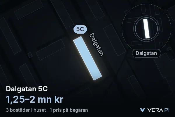 VERA PI's image of Dalgatan 5C: the building in 3D, lit in blue, and the map around it