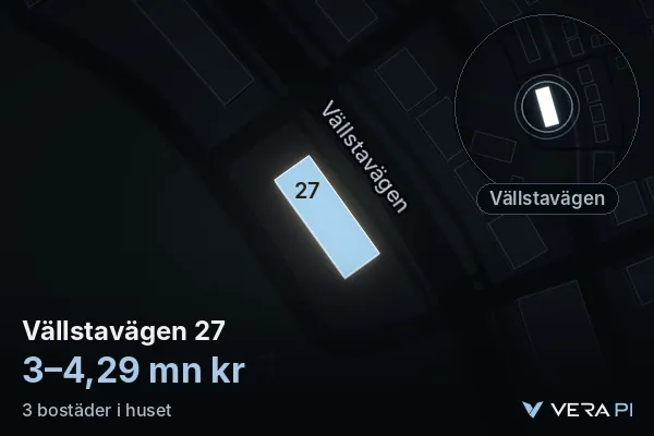 VERA PI:s bild av Vällstavägen 27: huset i 3D, upplyst i blått, och kartan runt omkring