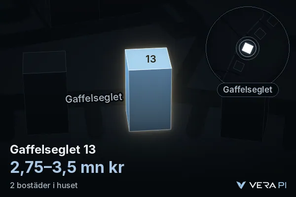 VERA PI's image of Gaffelseglet 13: the building in 3D, lit in blue, and the map around it