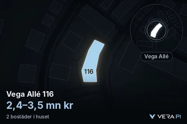 VERA PI:s bild av Vega Allé 116: huset i 3D, upplyst i blått, och kartan runt omkring