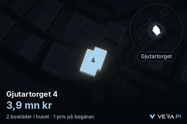VERA PI:s bild av Gjutartorget 4: huset i 3D, upplyst i blått, och kartan runt omkring