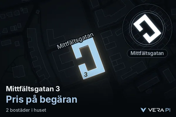 VERA PI's image of Mittfältsgatan 3: the building in 3D, lit in blue, and the map around it