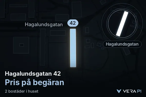 VERA PI:s bild av Hagalundsgatan 42: huset i 3D, upplyst i blått, och kartan runt omkring