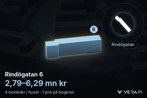 VERA PI:s bild av Rindögatan 6: huset i 3D, upplyst i blått, och kartan runt omkring