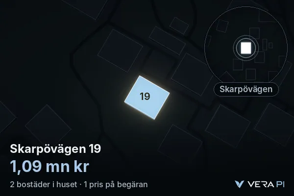 VERA PI:s bild av Skarpövägen 19: huset i 3D, upplyst i blått, och kartan runt omkring