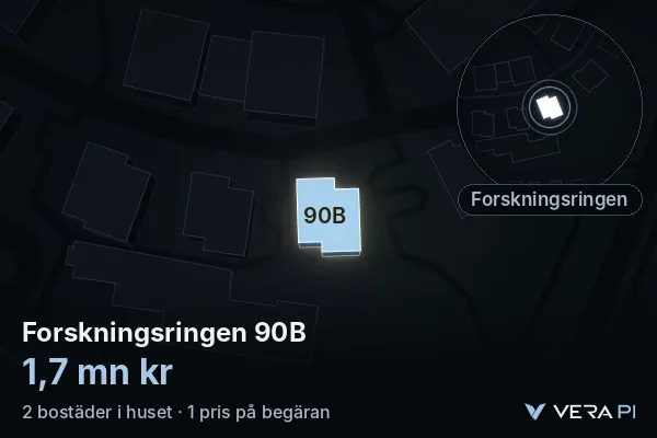 VERA PI:s bild av Forskningsringen 90B: huset i 3D, upplyst i blått, och kartan runt omkring