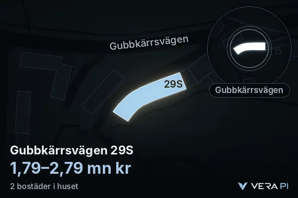 VERA PI:s bild av Gubbkärrsvägen 29S: huset i 3D, upplyst i blått, och kartan runt omkring