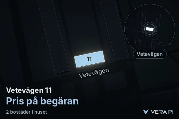 VERA PI's image of Vetevägen 11: the building in 3D, lit in blue, and the map around it