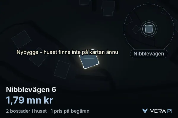 VERA PI's image of Nibblevägen 6: the building in 3D, lit in blue, and the map around it