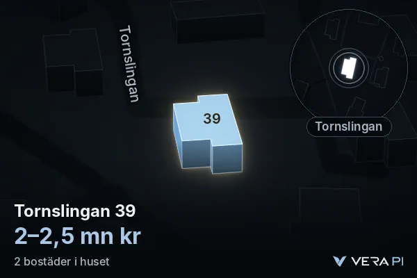 VERA PI:s bild av Tornslingan 39: huset i 3D, upplyst i blått, och kartan runt omkring
