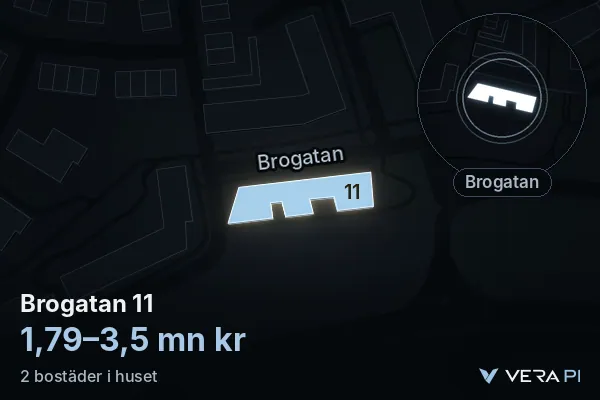 VERA PI:s bild av Brogatan 11: huset i 3D, upplyst i blått, och kartan runt omkring