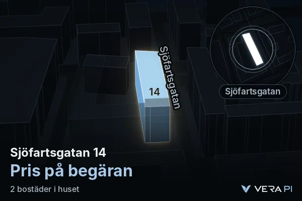 VERA PI:s bild av Sjöfartsgatan 14: huset i 3D, upplyst i blått, och kartan runt omkring