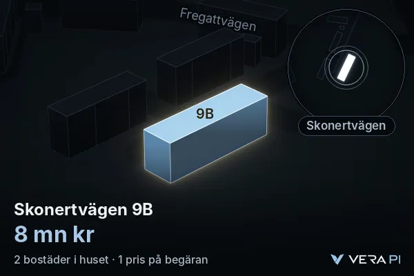 VERA PI's image of Skonertvägen 9B: the building in 3D, lit in blue, and the map around it
