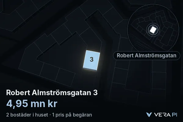 VERA PI:s bild av Robert Almströmsgatan 3: huset i 3D, upplyst i blått, och kartan runt omkring