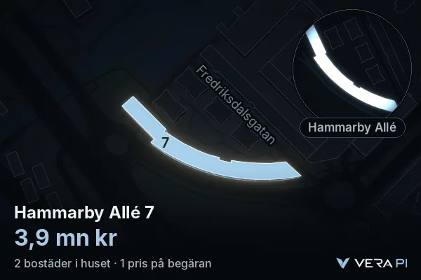 VERA PI:s bild av Hammarby Allé 7: huset i 3D, upplyst i blått, och kartan runt omkring