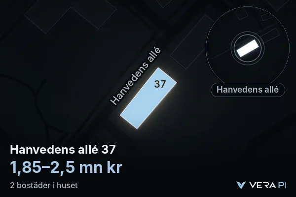 VERA PI's image of Hanvedens allé 37: the building in 3D, lit in blue, and the map around it