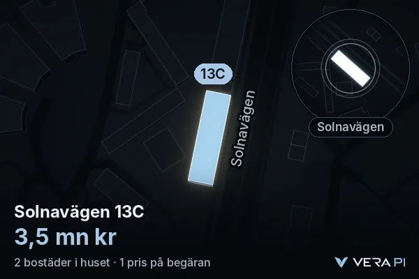VERA PI's image of Solnavägen 13C: the building in 3D, lit in blue, and the map around it