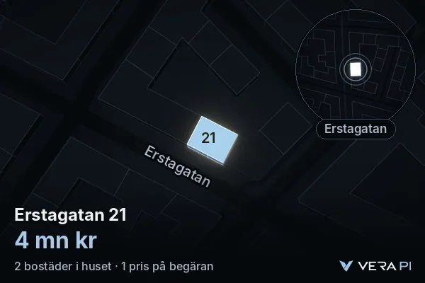 VERA PI:s bild av Erstagatan 21: huset i 3D, upplyst i blått, och kartan runt omkring