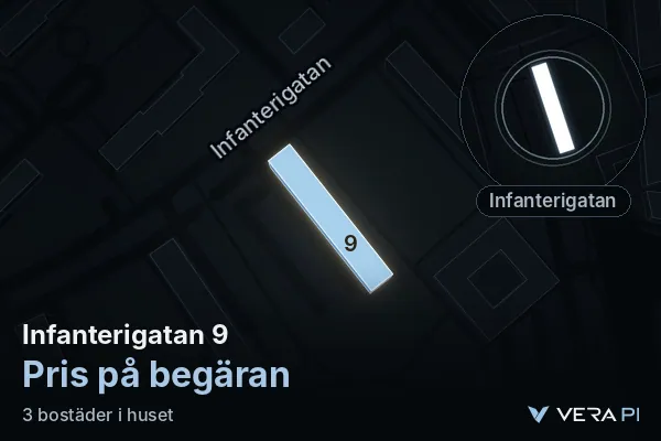 VERA PI:s bild av Infanterigatan 9: huset i 3D, upplyst i blått, och kartan runt omkring