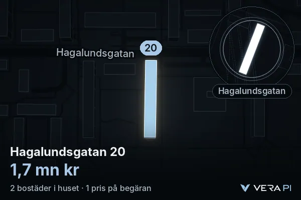 VERA PI's image of Hagalundsgatan 20: the building in 3D, lit in blue, and the map around it