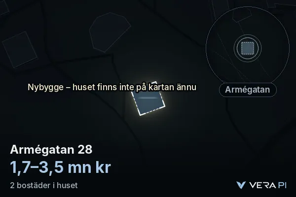 VERA PI's image of Armégatan 28: the building in 3D, lit in blue, and the map around it