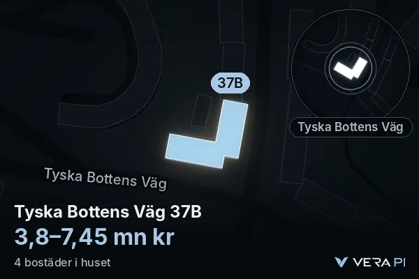 VERA PI:s bild av Tyska Bottens Väg 37B: huset i 3D, upplyst i blått, och kartan runt omkring