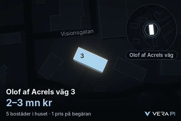 VERA PI's image of Olof af Acrels väg 3: the building in 3D, lit in blue, and the map around it
