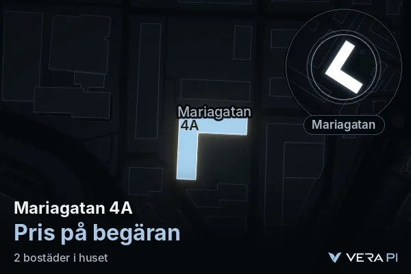 VERA PI:s bild av Mariagatan 4A: huset i 3D, upplyst i blått, och kartan runt omkring