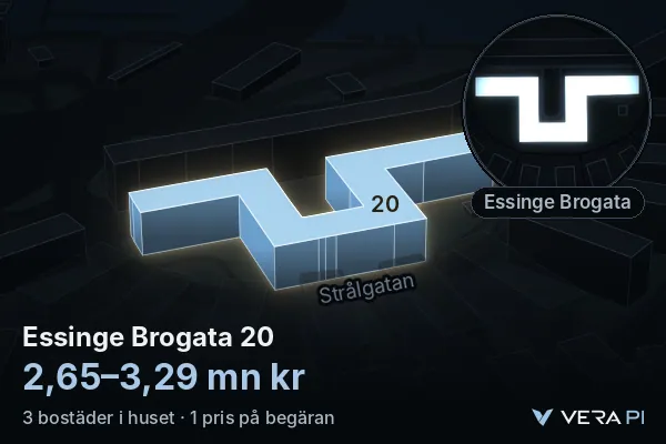 VERA PI:s bild av Essinge Brogata 20: huset i 3D, upplyst i blått, och kartan runt omkring