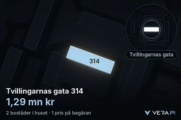 VERA PI:s bild av Tvillingarnas gata 314: huset i 3D, upplyst i blått, och kartan runt omkring