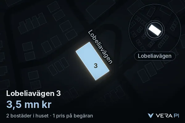 VERA PI:s bild av Lobeliavägen 3: huset i 3D, upplyst i blått, och kartan runt omkring