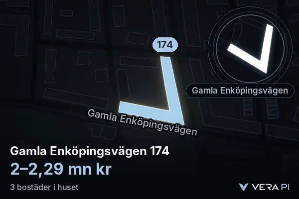 VERA PI:s bild av Gamla Enköpingsvägen 174: huset i 3D, upplyst i blått, och kartan runt omkring