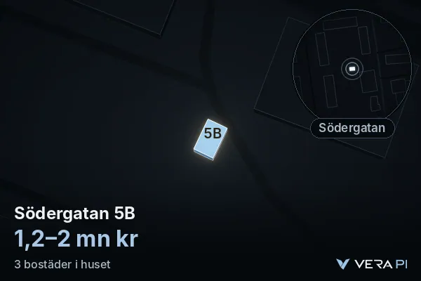 VERA PI:s bild av Södergatan 5B: huset i 3D, upplyst i blått, och kartan runt omkring